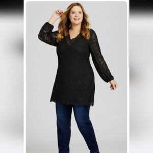 NWOT Black Lace Blouse With Sheer Sleeves